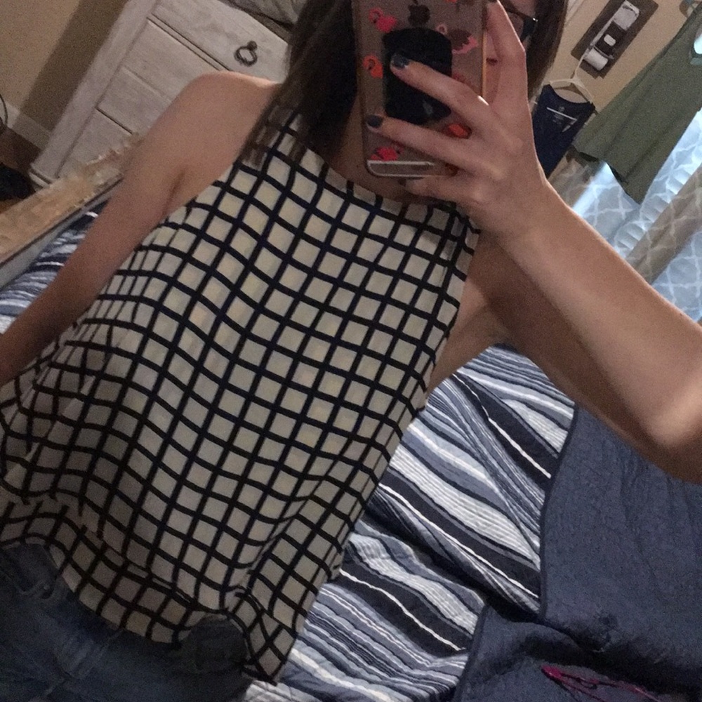 Blue & cream checkered print dressy tank top